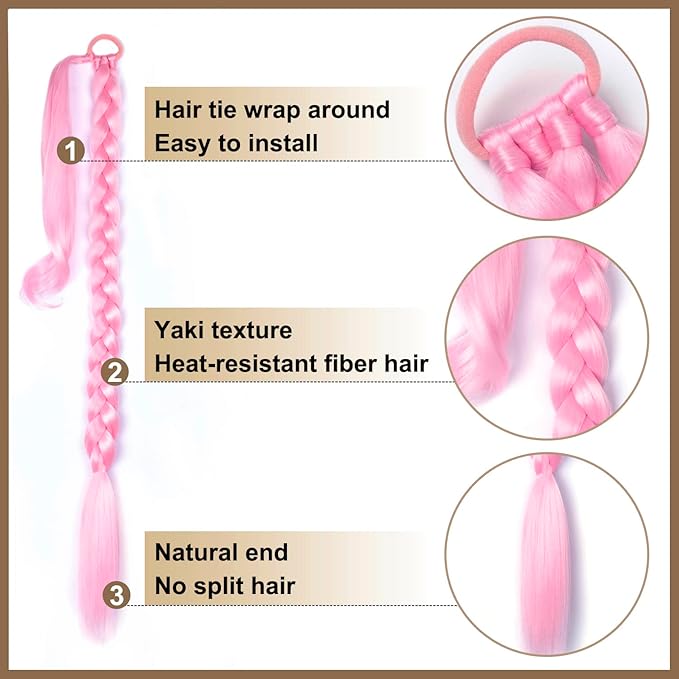 2 Pack Pink Long Braided Ponytail Extension with Hair Tie Straight Wrap Around Hair Extensions Ponytail Natural Soft Synthetic Hair Piece for Women