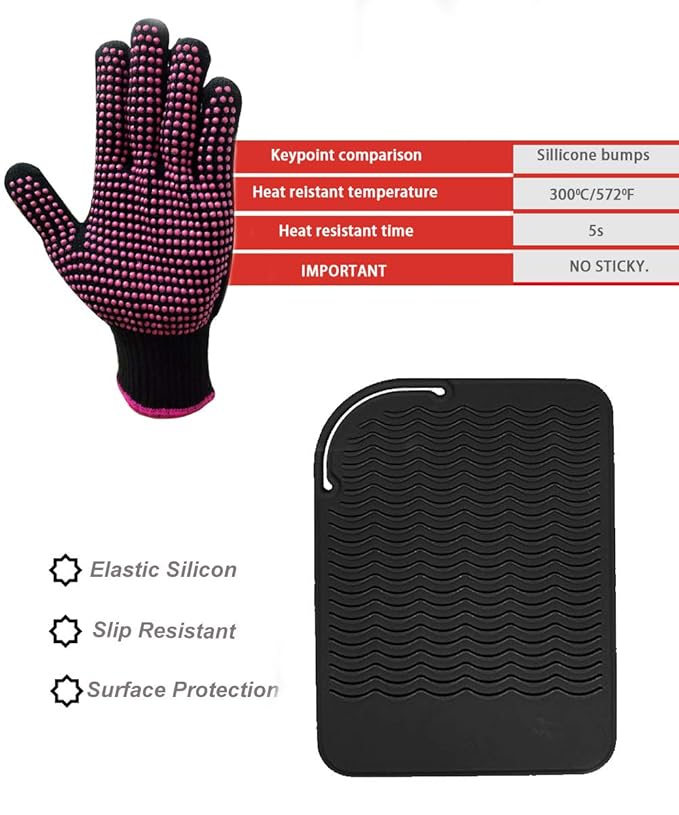 Heat Resistant Silicone Glove and Mat Set for Curling Iron, Hair Straightener, Flat Irons - 9" x 6.5" Food Grade Silicone Mat, Black