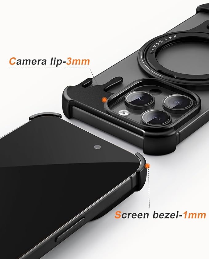 OATSBASF Frameless Bumper Case for iPhone 14 Pro Max Case, Metal Kickstand 360° Rotatable Magnetic Stand, Minimalist Aluminum Bumper Protective, Bezel Less Slim Shockproof + Easy Fit, Black