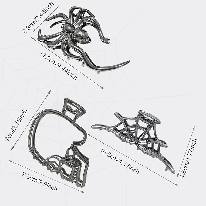 3 Pieces Large Metal Spider Net Hand Hair Claw Clips for Women and Girls Thick Long Hair, Nonslip Skeleton Spooky Barrette Headband Hair Styling Accessories for Halloween Christmas Gifts