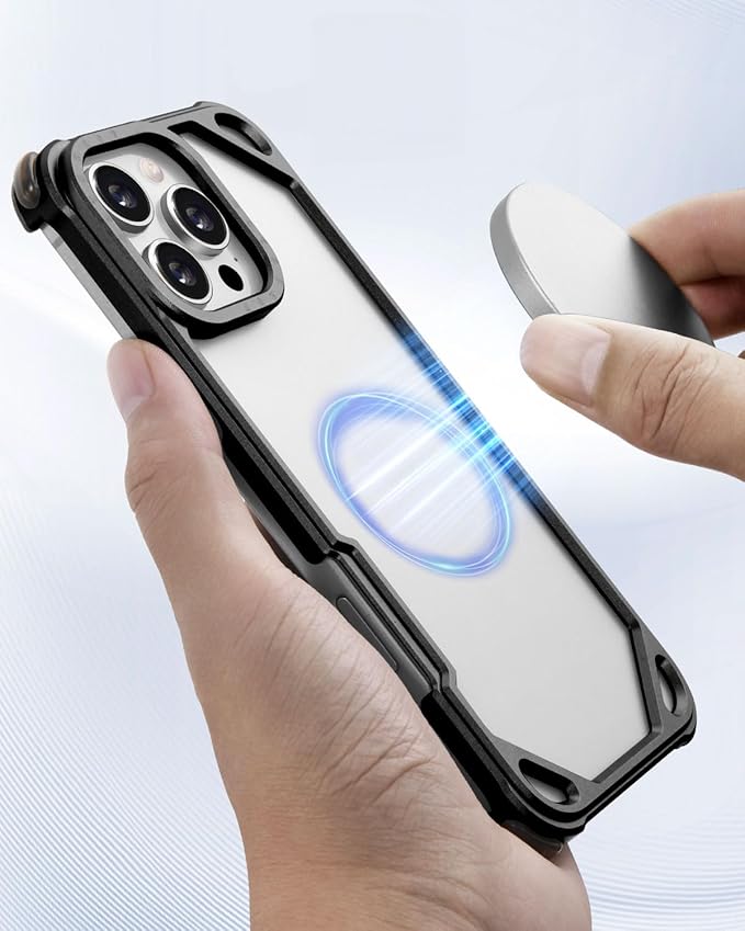 OATSBASF for iPhone 16 Pro 6.3" Bumper Case Metal, Aluminum Frame Slim Fit No Back Design, Compatible with MagSafe, 4 Corner Shockproof Protection, Minimalist Frameless Phone Case, Black