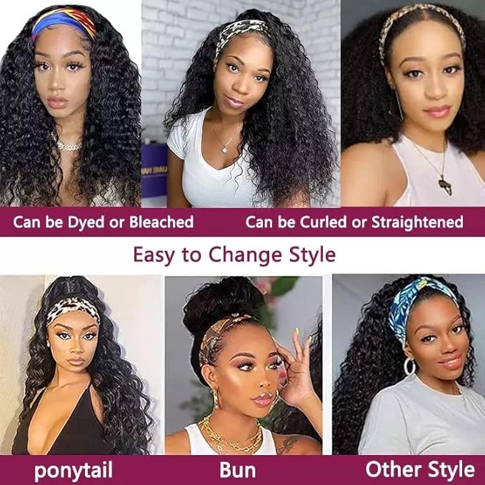 20 Inch Headband Wig Human Hair for Women Long Curly Hair Deep Wave Wig Natural Color
