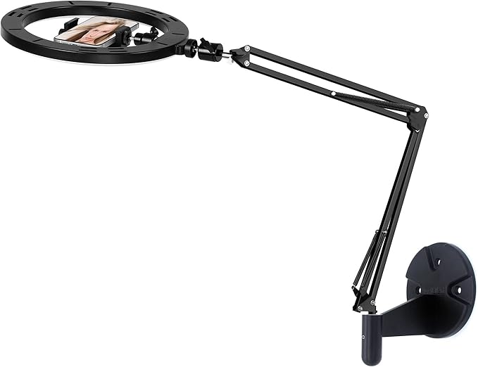 Ring Light Wall Mout Phone Holder, 10'' Ring Light with Wall Folding Arm Compatible with iPhone 15 14 13 12 11 Xr Xs X 9 8 7 Plus and Samsung Cell Phones and Webcams