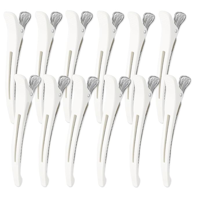 12PCS Hair Clips for Styling Sectioning - Non Slip No Crease Duck Billed Hair Clips for Women with Silicone Band - Professional 4.3 Inch Large Salon Hair Cutting Clips for Hairdresser - White