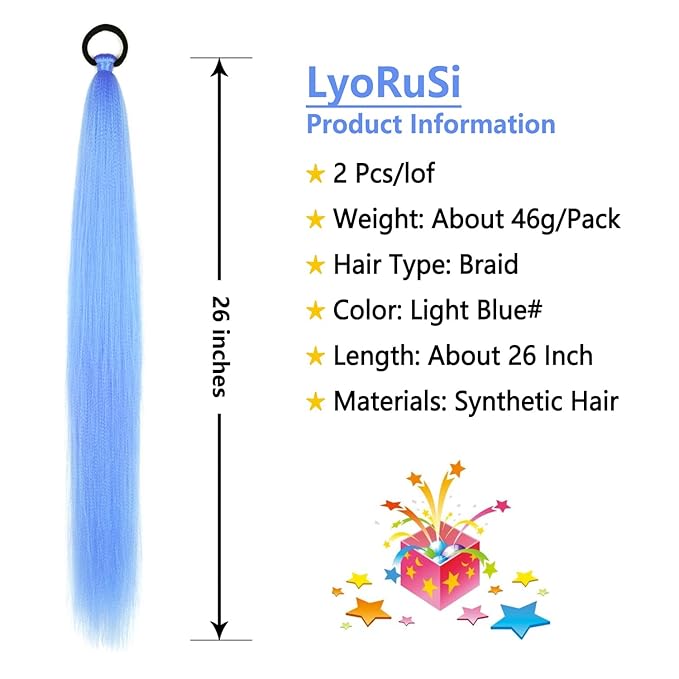2 Pack Blue Ponytail Extension with Elastic Tie Straight Sleek Wrap Around Braid Ponytail Light Blue 26 Inch (Light Blue#)