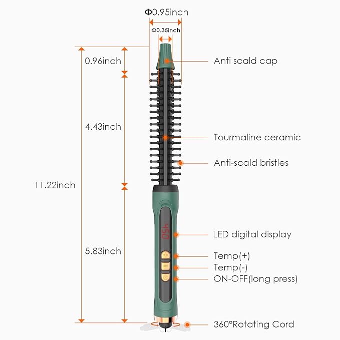 Mini Thermal Round Brush, 0.35 Inch Barrel Volume Heat Styling Brush for Men and Women Short Thin Curly Straight Hair, Heated Curling Iron,12 Temperature Setting (0.95 Inch with Bristles)