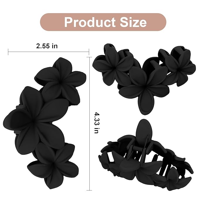 4PCS Matte Flower Hair Clips - Non-Slip Large Plumeria Clips for Thick Hair, Strong Hold for Women and Girls (Black)