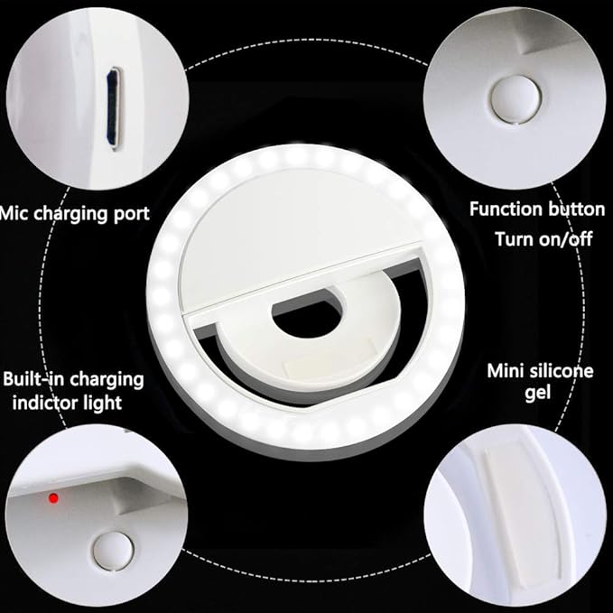 Selfie Ring Light, XINBAOHONG Rechargeable Portable Clip-on Selfie Fill Light with 36 LED for iPhone/Android Smart Phone Photography, Camera Video, Girl Makes up (White)