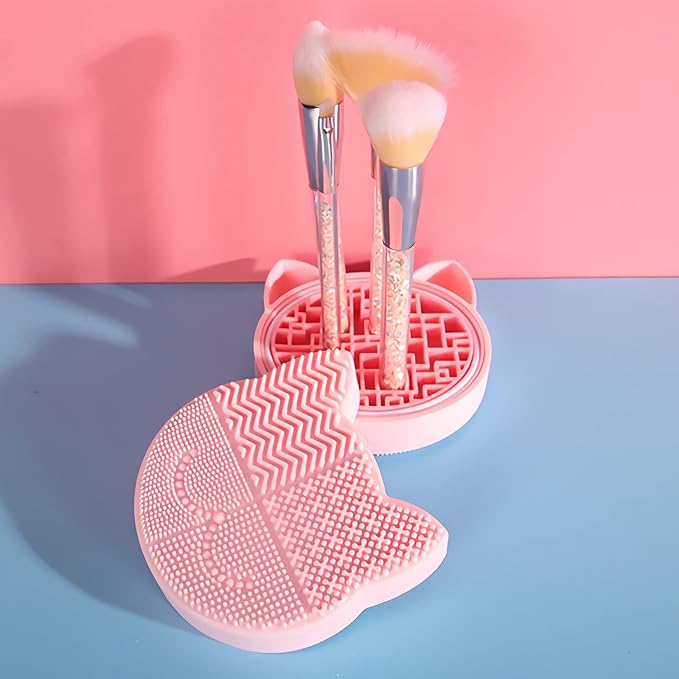 Silicon Makeup Brush Cleaner Mat with Portable Cat Shaped Cosmetic Brush Cleaner Pad - Pink