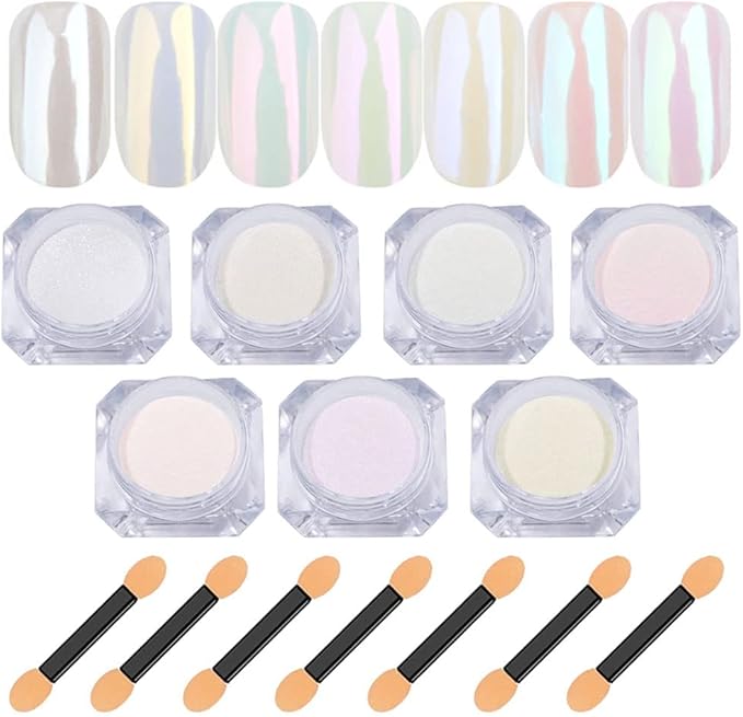 7 Colors White Pearl Chrome Nail Powder Aurora Metallic Nail Powder Holographic Mirror Effect Chrome Powder Iridescent Shell Powder Glitter Nail Art Pigment Manicure for Nails (White Pearl)