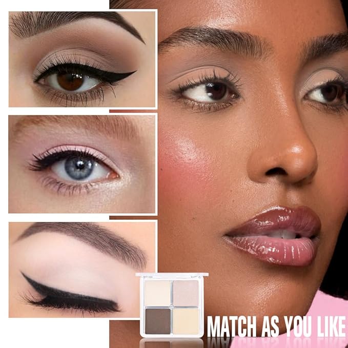 4 Colors Off-White Nude Brown Pink Yellow Eye Shadow Palette Makeup, Neutral Matte Shimmer Eyeshadow Palette for Women Highly Pigmented Waterproof, paleta de sombras de ojos,Vegan & Cruelty-free 01