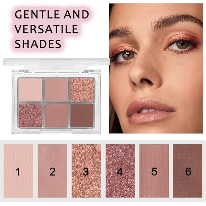 6 Colors Glitter Matte Eyeshadow Palette, Natural Nude Dark Brown Coffee Sparkly Eye Shadow Makeup, Warm Pastel Eye shadows Palette Long Lasting Waterproof Naturing-Looking Women Girls Eye Shadow 03