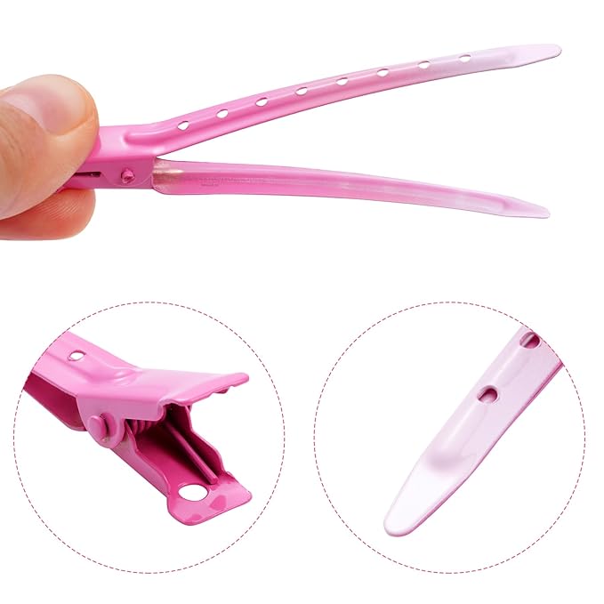 24 Packs Duck Bill Clips, Bantoye 3.35 Inches Rustproof Metal Alligator Curl Clips with Holes for Hair Styling, Hair Coloring, GS Pink