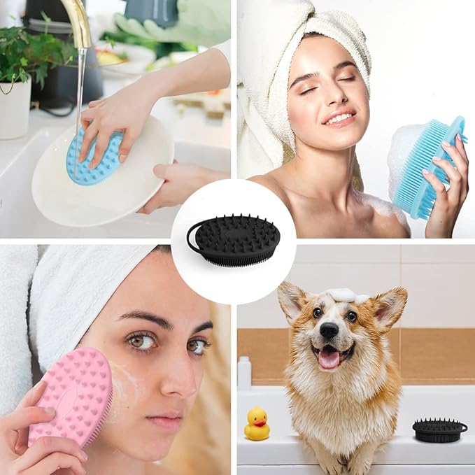 2 in 1 Silicone Body Scrubber Shampoo Brush, Shower Scrubber, Bath Scrubber,Exfoliating Scalp Massager, Loofah Clean Sanitary,Rapid Foaming-3 Pack, Black+blue+pink(new), PQRUU54635
