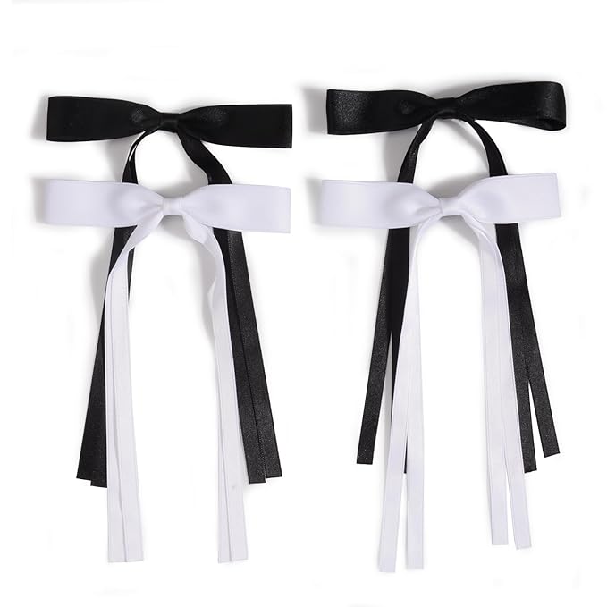 4 PCS Tassel Ribbon Bowknot Hair Clips With Long Tail for Women Girl Teens Kids, Solid Holder Fashion Bow Bowknot Hair Accessories Headwear Barrettes Claw(Black&White)