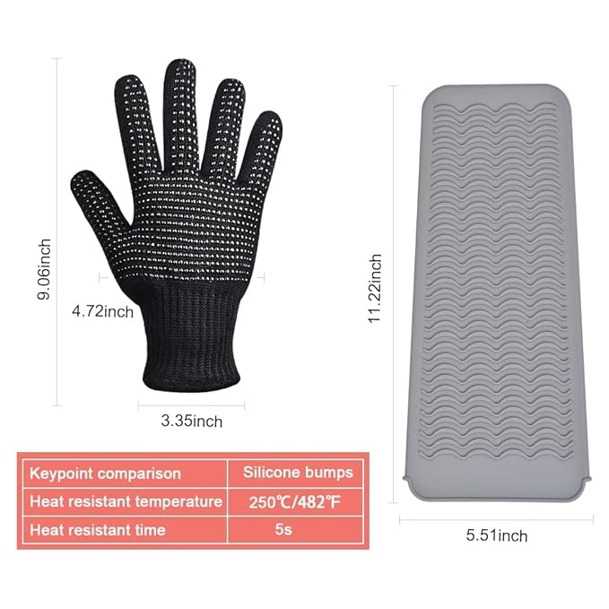 IKOCO Heat Gloves for Hair Styling, Heat Resistant Gloves with Silicone Mat Pouch for Curling Iron, Flat Iron, Straightener, Hot Hair Tools