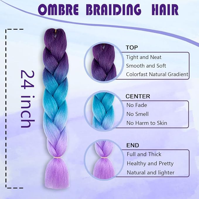Ombre Braiding hair synthetic Crochet braids twist 24inch 5pcs/lot 100g Ombre two three tone Jumbo braid hair extensions Dreadlocks (Purple-Blue-Lavender)