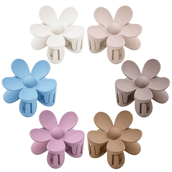Flower Hair Clips 6 PCS Flower Claw Clips Daisy Clips for Women Matte Large Claw Clips Strong Hold Jaw Clamps Hair Accessories for Thick Hair 6 Colors
