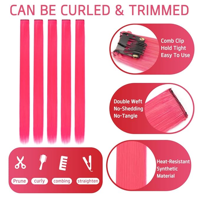 20 Inch Colored Hair Extensions Party Highlights Straight Colorful Clip In Hair Extensions Synthetic Rainbow Hairpieces for Girls Kids Gift(10Pcs Pink)