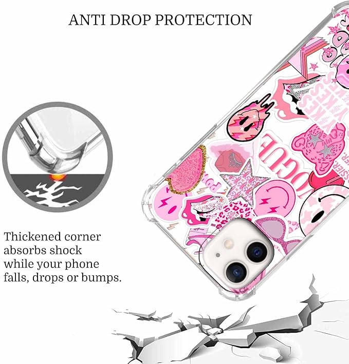 Case for iPhone 12/12 Pro with Pink Design,Aesthetic Hippie Indie Popular Elements Pattern,Shockproof Soft TPU Bumper Phone Cover(12,Pink)