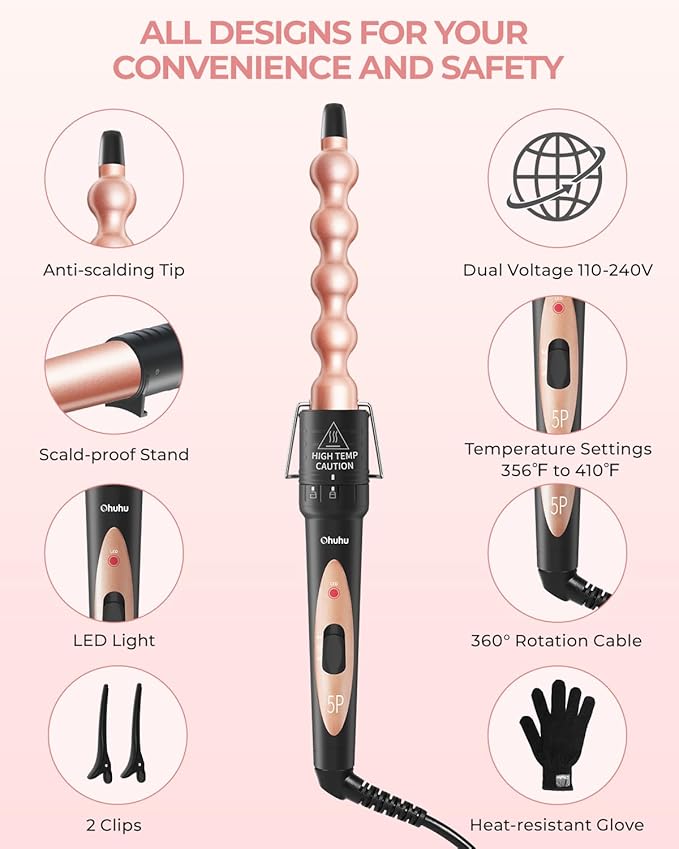 5 in 1 Curling Wand Set: Ohuhu Curling Iron Wand 5Pcs 0.35 to 1.25 Inch Interchangeable Ceramic Barrel Heat Protective Glove 2 Clips Dual Voltage Hair Curler for Women Girl Mother Gift Rose Gold