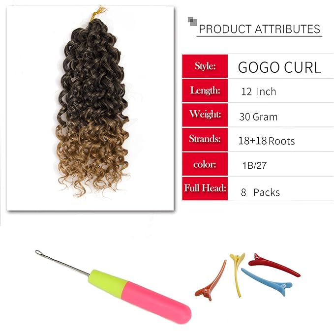 8 Packs Curly Crochet Hair GoGo Curl Crochet hair for Women Deep Wave Braiding hair,Synthetic Bohemian Crochet Braid Water Wave Crochet hair Extensions (1B/27, 12inch)