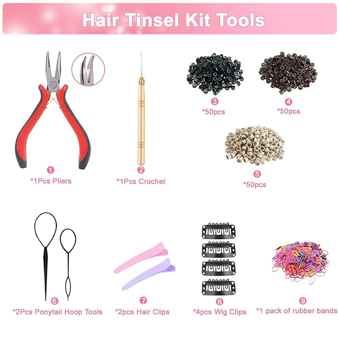 20 Colors Hair Tinsel Kit with Tools 48 Inch 4600 Strands Fairy Hair Tinsel Heat Resistant Glitter Tinsel Hair Extensions Hair Accessories Hair Tinsel Kit for Girls Women Kids (20 Colors)