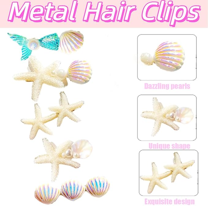5 Pcs Starfish Seashell Hair Clips Mermaid Costume Pearl Beach Ocean Hair Accessories Women and Girls (Off-white)