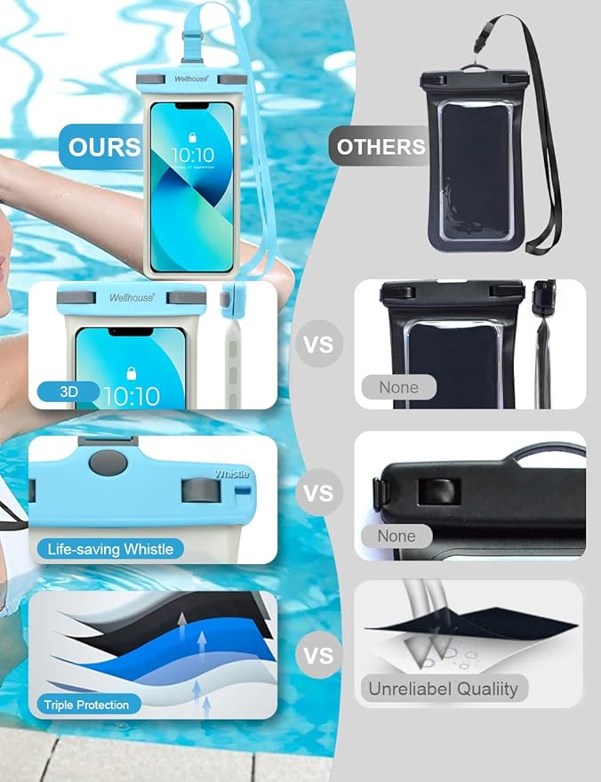 wellhouse Waterproof Phone Pouch, Waterproof Phone Case for iPhone 16 15 14 13 12 Pro Max XS Samsung, IPX8 3D Cellphone Dry Bag Beach Essentials (1 Pack - Luminous Light Blue7.0, 7 inch)