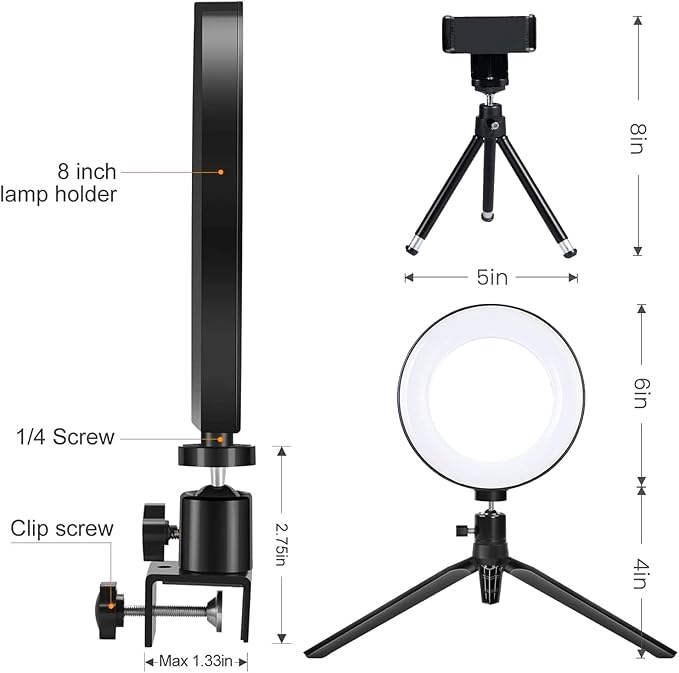 MACTREM 2 in 1 LED 6"" Ring Light with Tripod Stand & Clamp for YouTube Video and Makeup, Mini LED Camera Light with Cell Phone Holder Desktop LED Lamp with 3 Light Modes & 11 Brightness Level, Black