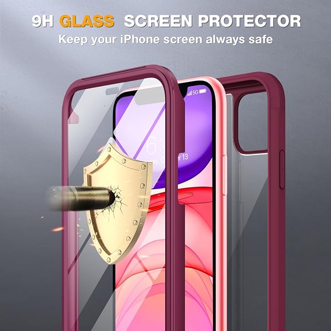 Miracase Glass Series for iPhone 11 - Full-Body Rugged Protective Case with Built-in 9H Tempered Glass Screen Protector and Camera Lens Protector, Wine Red