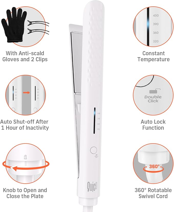 Hair Straightener, Quico 15s Fast Heating, 110-240V Global Travel Hair Straighteners for Women, Professional Negative Ion Flat Iron, Temp Memory, 320-450ā, Auto-Off, with Glove and Clips, Gift, White