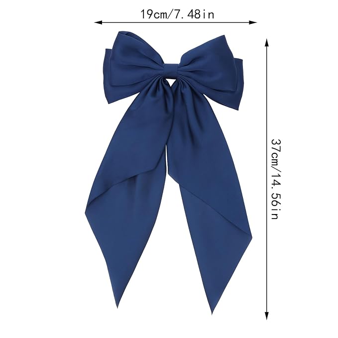 Silky Satin Oversized Hair Bows for Women Girls 4 PCS Hair Ribbon Bow Hair Clips with Long Tails (Black, White, Pink, Navy )