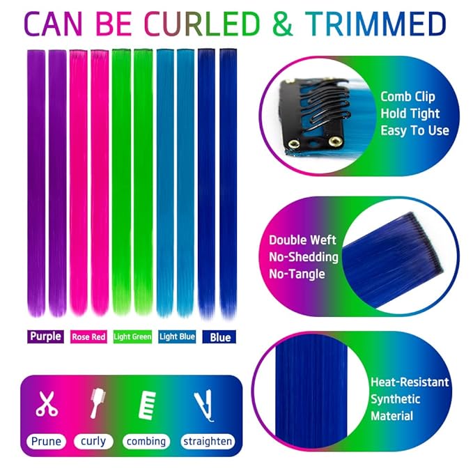 20 Packs Colored Hair Extensions 20Inch Straight Multi-5Colors Party Highlights Clip In Hair Extension Synthetic Rainbow Hairpieces for Girls Kids Gift(Blue,Dark blue,Grass Green,Purple,Rose Red)