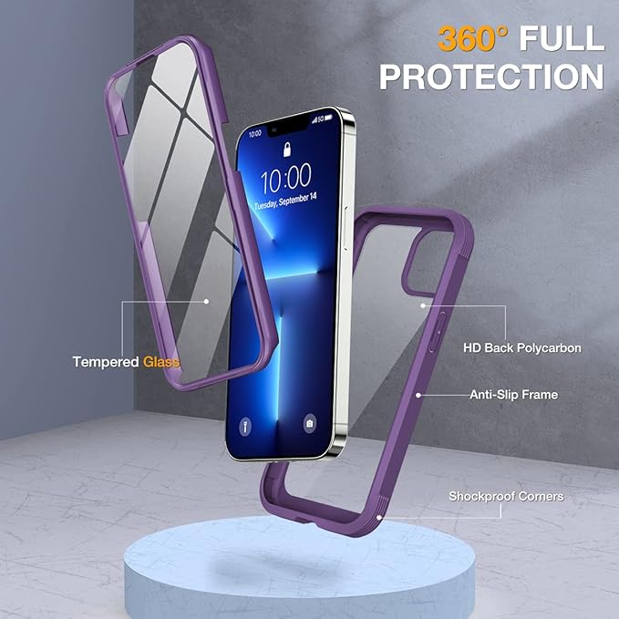 Miracase Glass Case for iPhone 13 Pro Max 6.7 inch, Upgrade Full-Body Clear Bumper Case with Built-in 9H Tempered Glass Screen Protector for iPhone 13 Pro Max, Purple