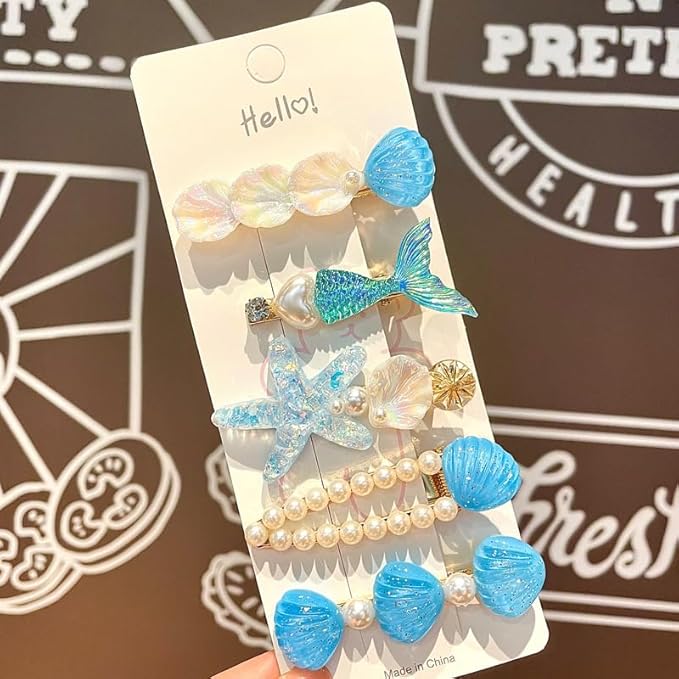 5 Pcs Starfish Seashell Hair Clips Mermaid Costume Pearl Beach Ocean Hair Accessories Women and Girls (Blue)