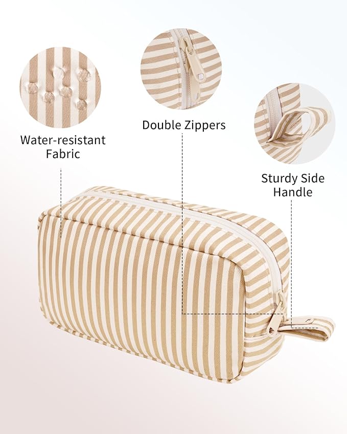Narwey Small Makeup Bag for Purse Travel Makeup Pouch Mini Cosmetic Bag Zipper Pouch for Women (Brown Stripe, Small)