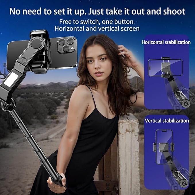Selfie Stick Gimbal Stabilizer, Single Axis Stabilizer Tracking Selfie Stick with Tripod 360° Rotation with Remote Control for iPhone/Andriod for Vlog Live Broadcast TIK Tok YouTube Vlogging Black