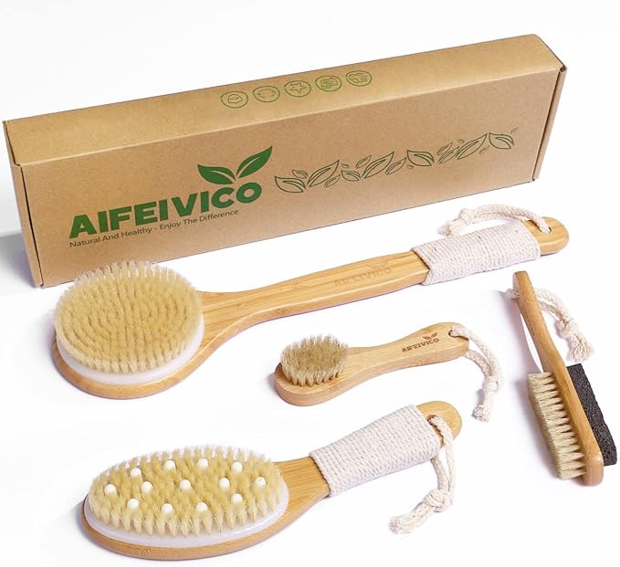 Natural Boar Bristle Dry Brush - Exfoliating Body, Face & Foot Brush, Long Handle Back Scrubber, Meridian Pressure for Lymphatic Drainage & Cellulite