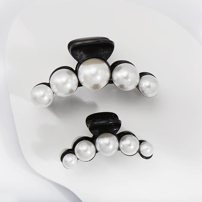 Mehayi 4 PCS Large Black Pearl Hair Claw Clips for Women Girls, Hair Barrette Clamps for Thick Thin Hair, Fashion Hair Accessories Headwear Styling Tools for Party Wedding