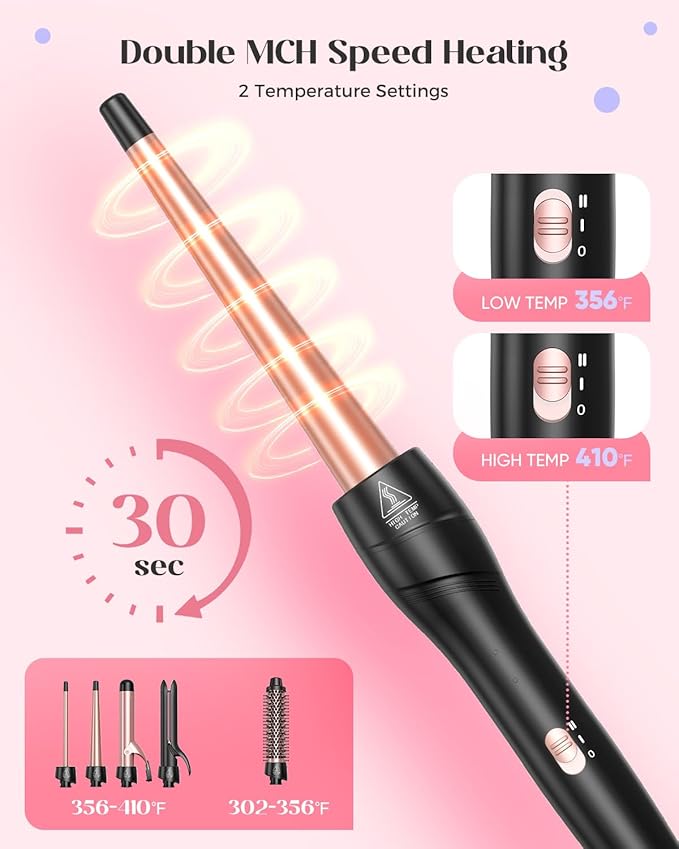 5 in 1 Curling Iron Set, Curling Wand with New Upgraded Thermal Brush and 4 Interchangeable Ceramic Barrels(0.35"-1.5"), Fast Heating, Dual Voltage Hair Curler, Gifts for Women