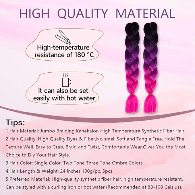 Ombre Braiding hair synthetic Crochet braids twist 24inch 5pcs/lot 100g Ombre two three tone Jumbo braid hair extensions Dreadlocks (black-purple-rose)