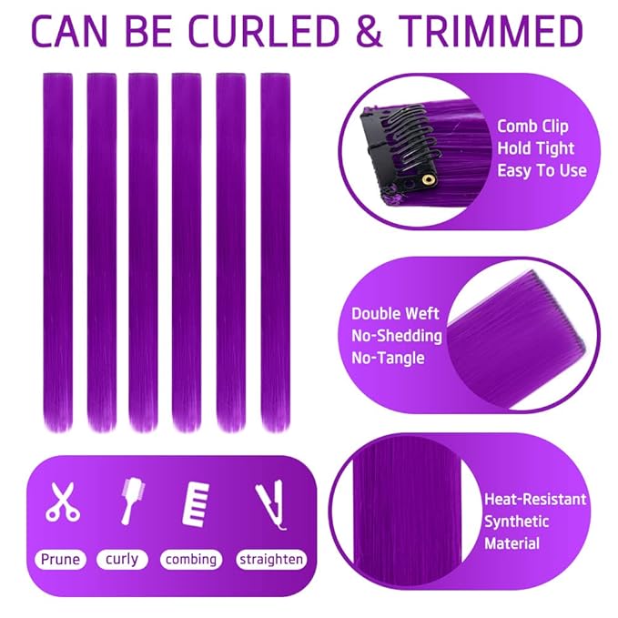 20 Inch Colored Hair Extensions Party Highlights Straight Colorful Clip In Hair Extensions Synthetic Rainbow Hairpieces for Girls Kids Gift(10Pcs Purple)