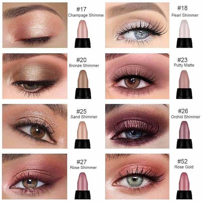 8Pcs Cream Eye Shadow Brightener Sticks Set for Eyes, Champagne Pearl Bronze Putty Sand Orchid Rose Gold Amethyst,Halloween Makeup, Matte Shimmer Eye Shadow Pencil Pen Crayon Waterproof 08