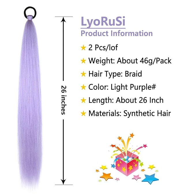 2 Pack Purple Ponytail Extension with Elastic Tie Straight Sleek Wrap Around Braid Ponytail Light Purple 26 Inch (Light Purple#)