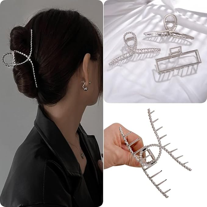 3pcs Hair Claw clips for Women, Metal Silver Large Hair clips for Thick Thin Hair, Geometric Cross Square Jumbo Catch Barrette Clamps, Fashion Hair Accessories Nonslip Hairgrip