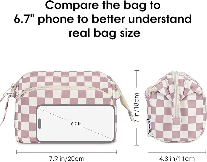 Narwey Checkered Makeup Bag Women Wide-open Make up Bag Travel Cosmetic Bag Organizer Toiletry Bag for Cosmetics Toiletries Accessories (Dusty Rose Checkerboard)