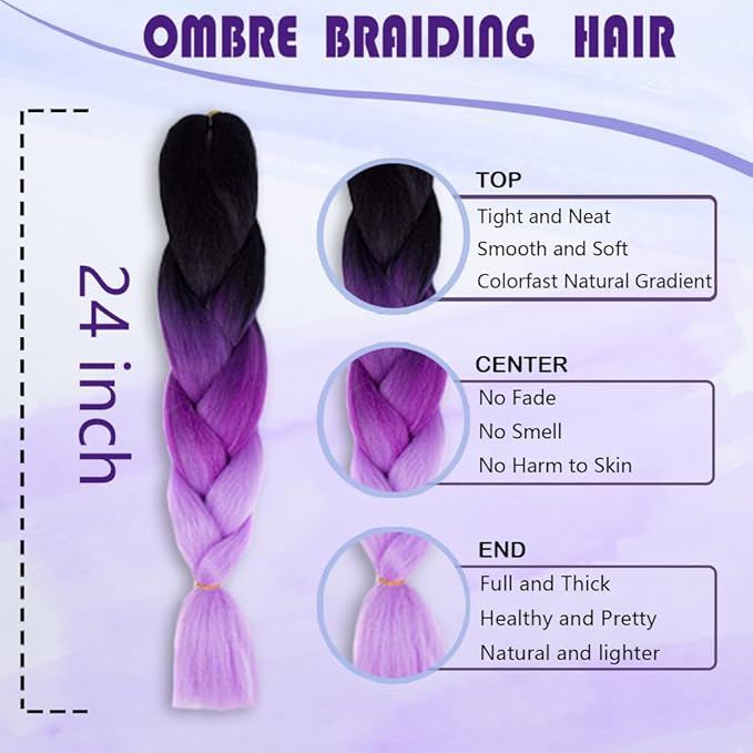 Ombre Braiding hair synthetic Crochet braids twist 24inch 5pcs/lot 100g Ombre two three tone Jumbo braid hair extensions Dreadlocks (black-purple-lavender)