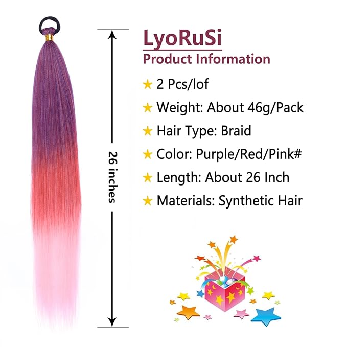 2 Pack Pink Ponytail Extension with Elastic Tie Straight Sleek Wrap Around Braid Ponytail Red Gradient 26 Inch (Purple/Red/Pink#)
