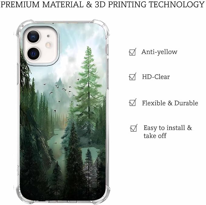 Case for iPhone 12/12 Pro with Forest Design,Mountain and Birds Beautiful Scenery Nature Pattern,Soft TPU Bumper Phone Cover(12,Wood)